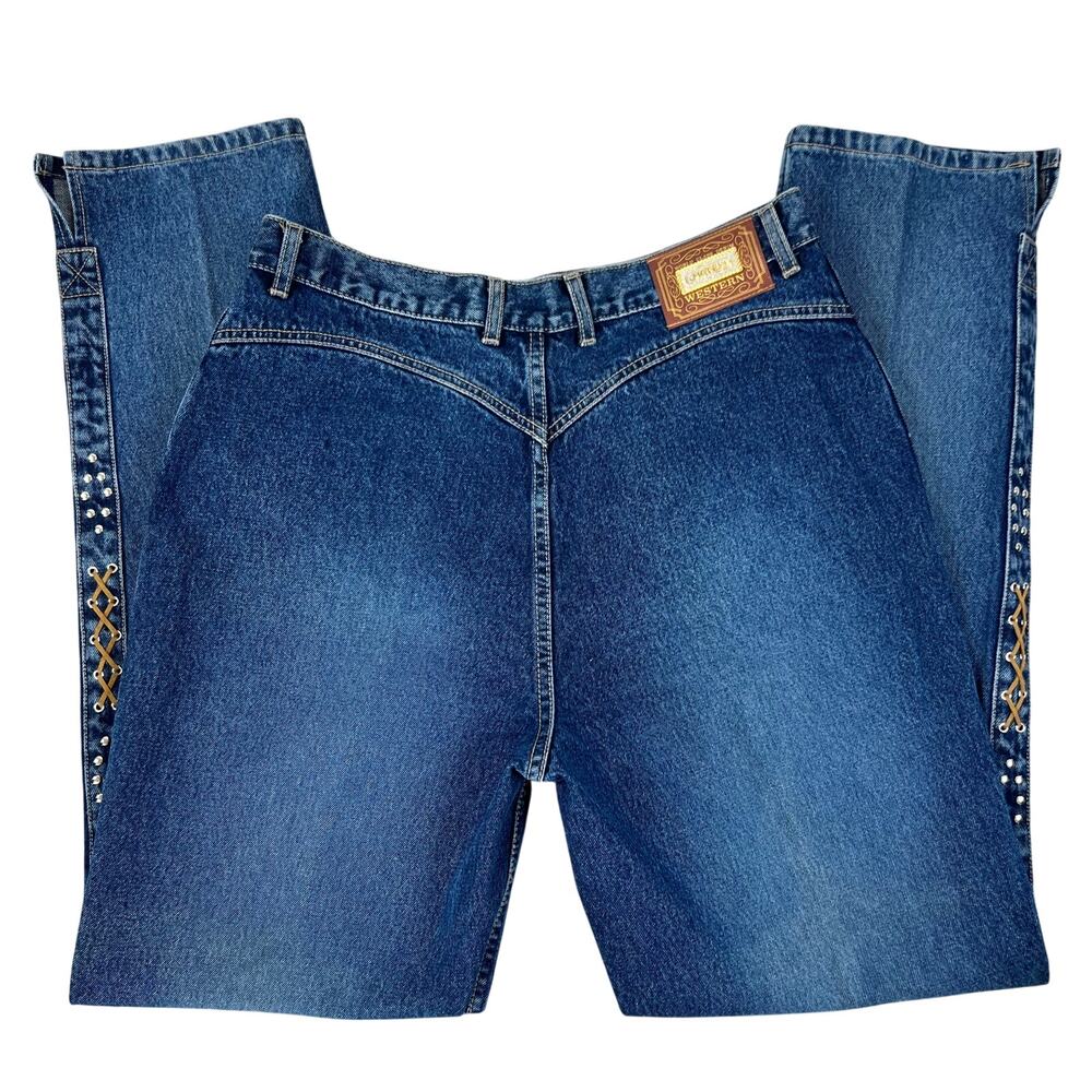 Vintage Lawman Western Bareback Studded Criss Cross Leather Denim Jeans (Sz 36)